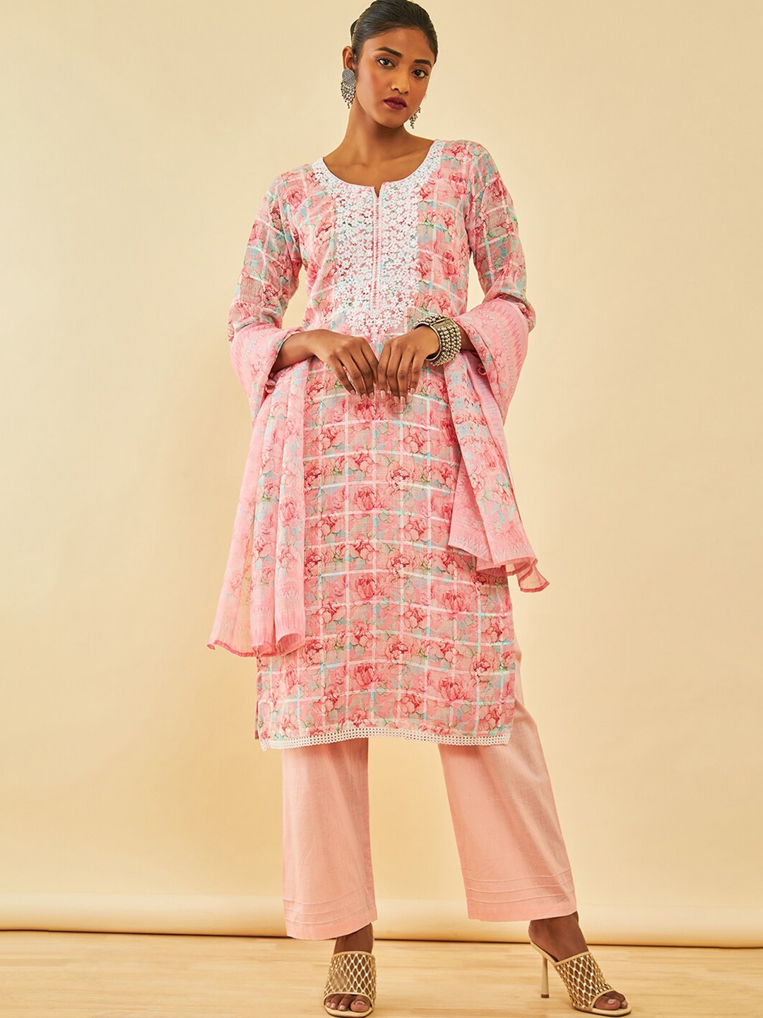 

Soch Embroidered Linen Unstitched Dress Material, Pink
