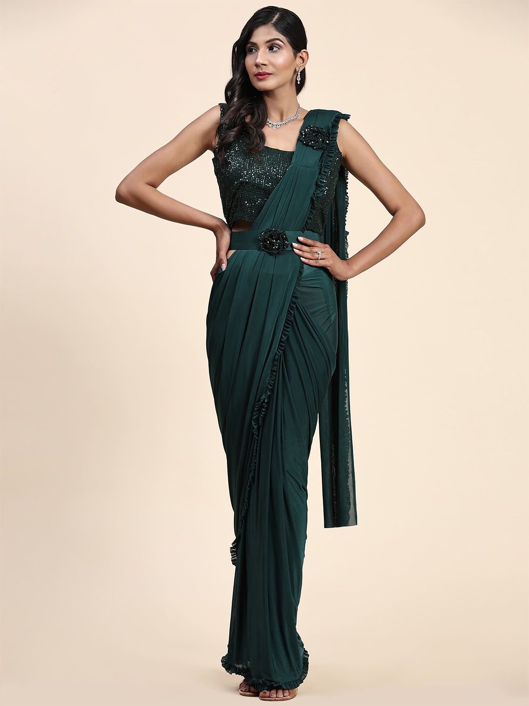 

AMOHA TRENDZ Ready to Wear Saree With Belt, Green