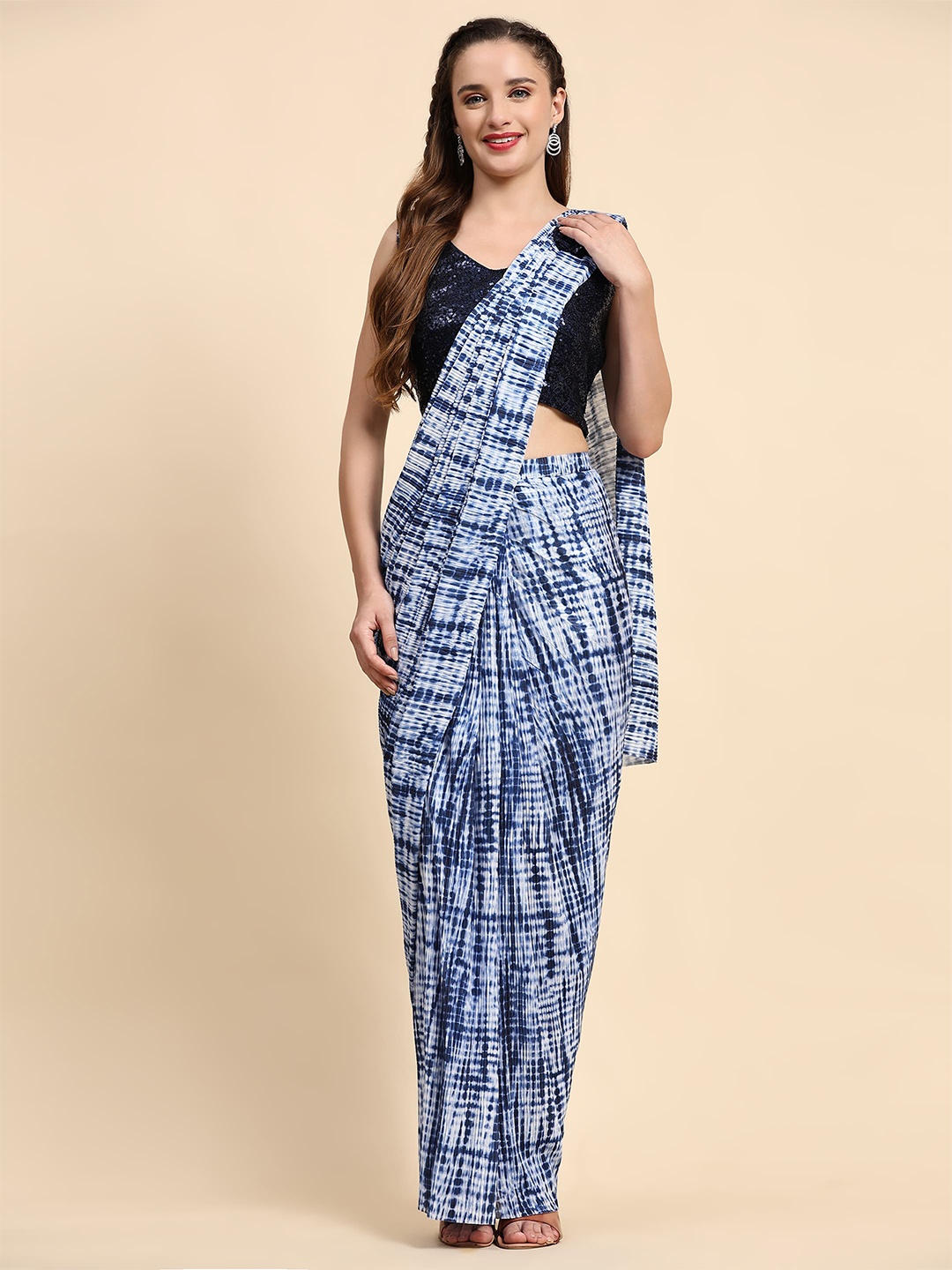

AMOHA TRENDZ Tie and Dye Sequinned Ready to Wear Saree, Blue