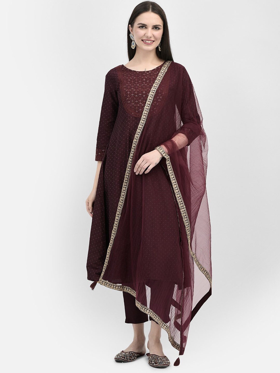 

Span Ethnic Motifs Printed Silk Thread Work A-Line Kurta, Purple
