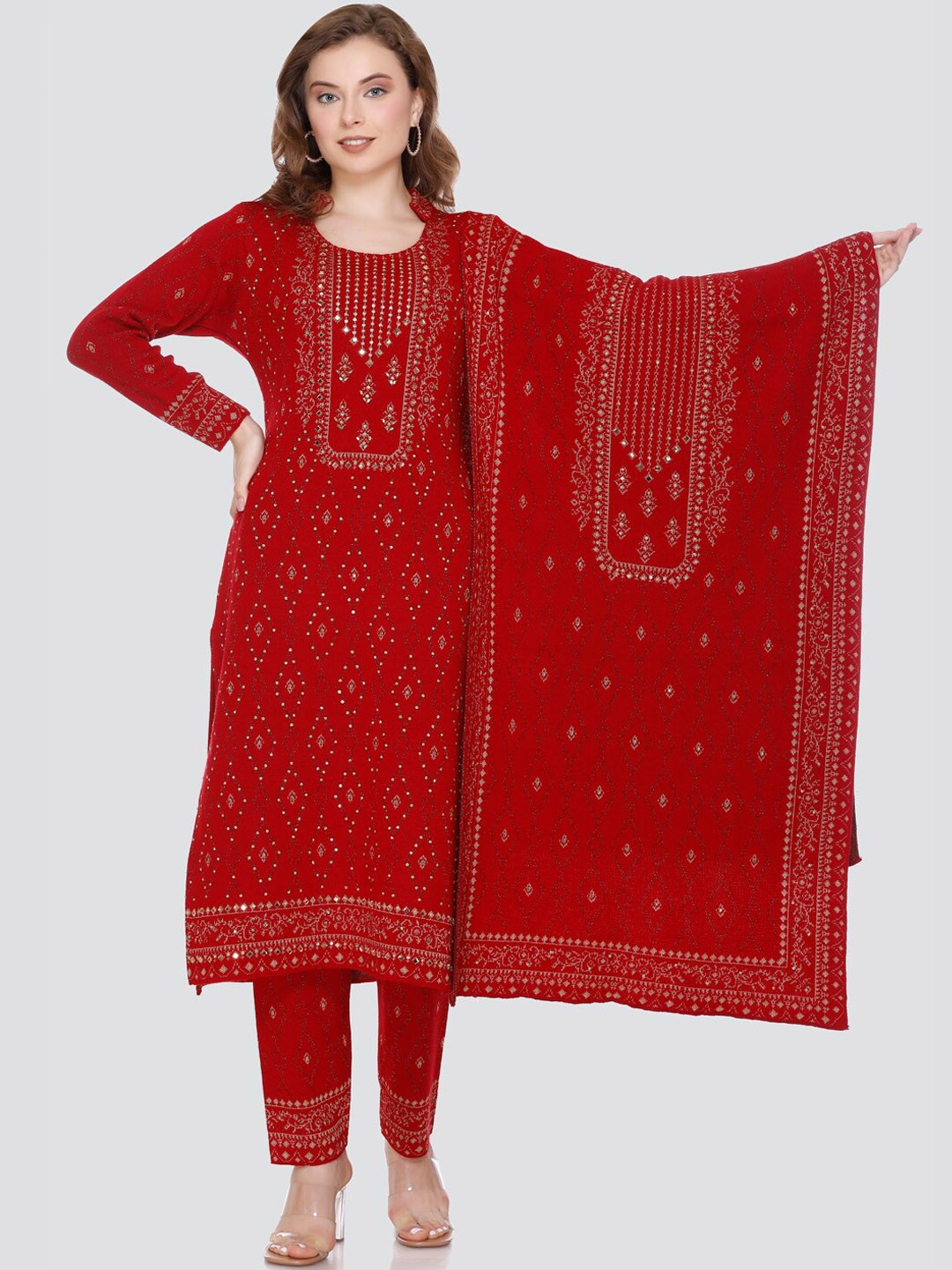 

TWIX Ethnic Motifs Self Design Mirror Work Regular Woolen Kurta With Trousers & Dupatta, Red