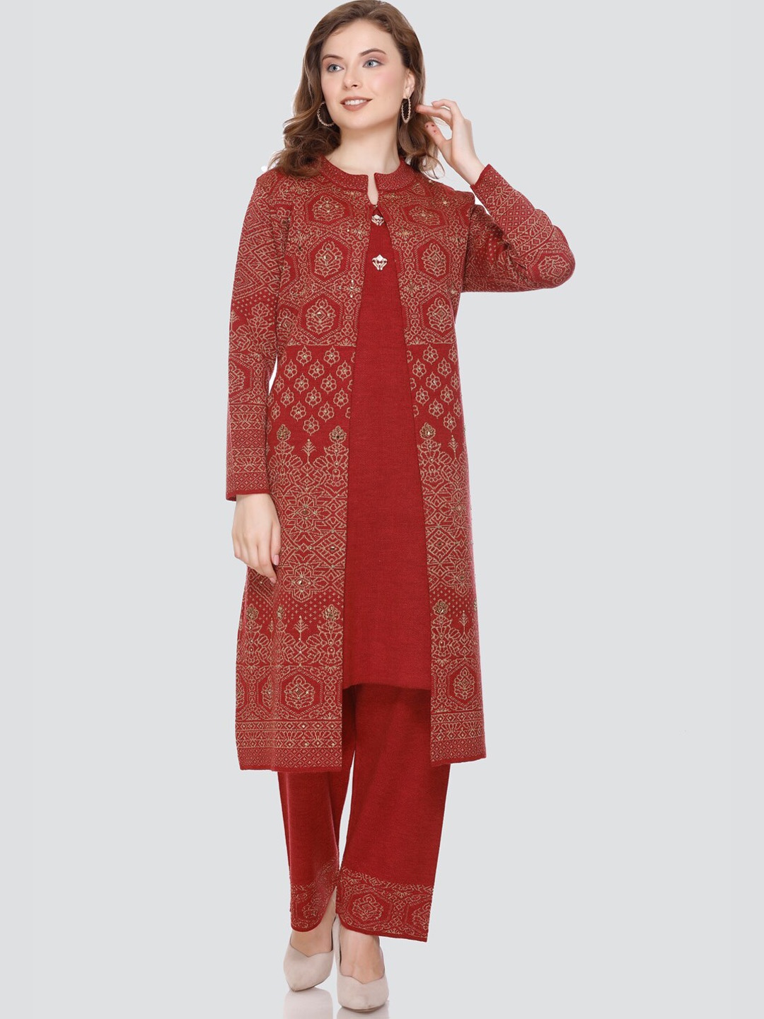 

TWIX Regular Pure Woolen Kurta with Trousers & Shrug, Red