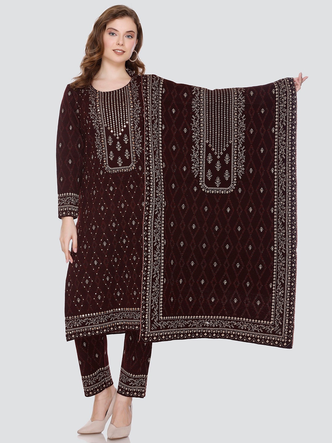 

TWIX Ethnic Motifs Self Design Mirror Work Regular Woolen Kurta With Trousers & Dupatta, Purple