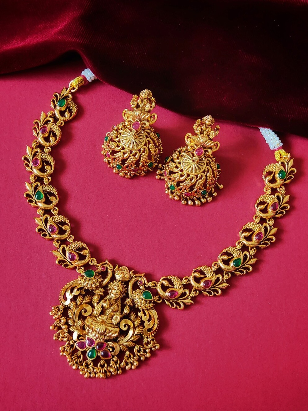 

Pihtara Jewels Gold-Plated Stones-Studded & Beaded Necklace And Earrings