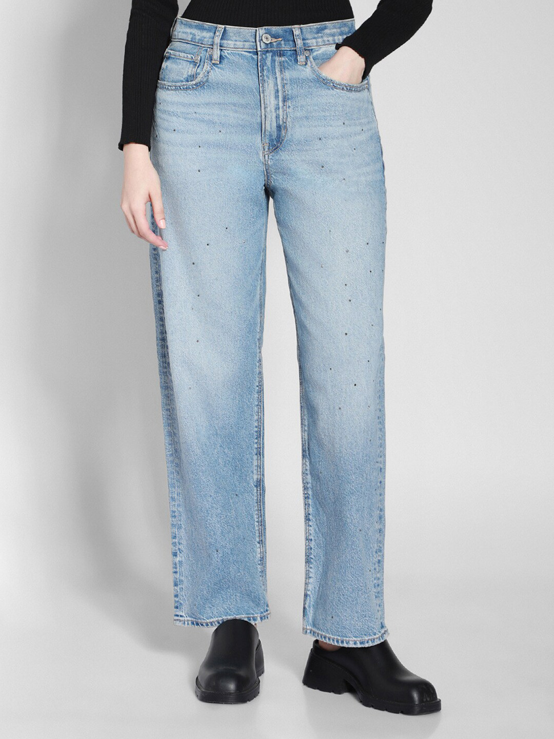 

AMERICAN EAGLE OUTFITTERS Women Embellished High-Rise Straight Fit Clean Look Jeans, Blue