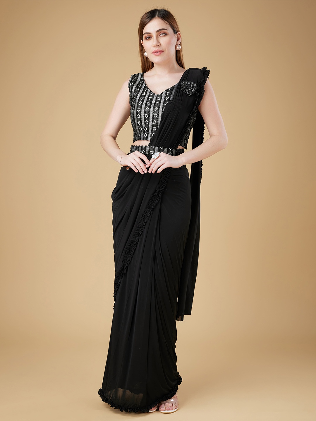 

AMOHA TRENDZ Sequinned Belted Ready to Wear Saree, Black