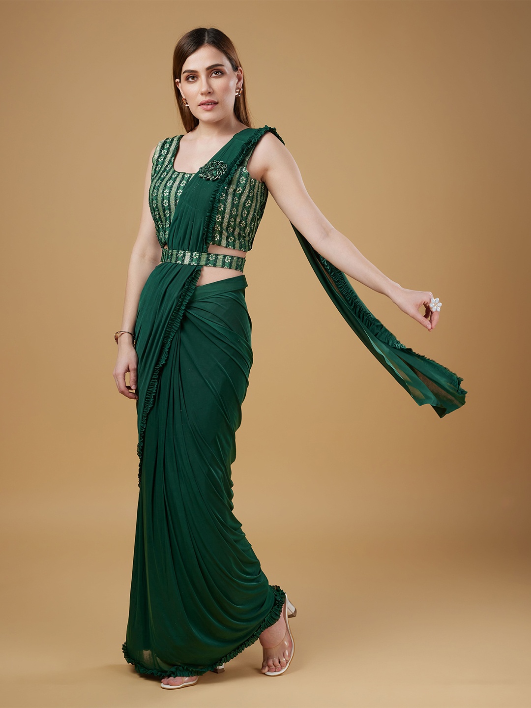 

AMOHA TRENDZ Embellished Sequinned Ready to Wear Saree, Green