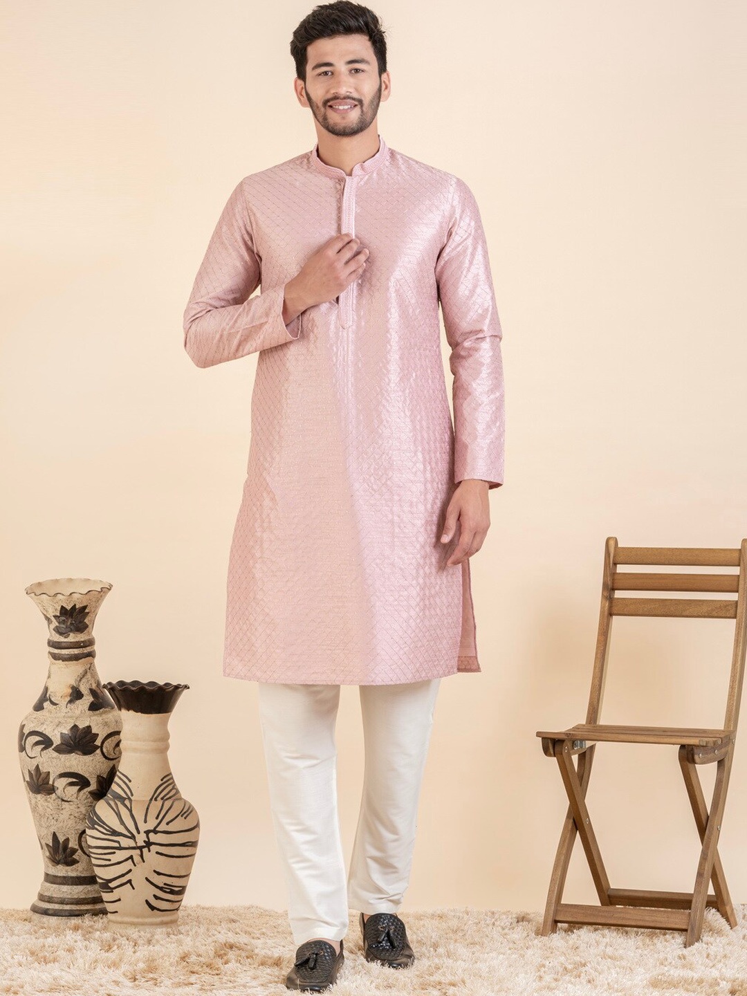 

TheEthnic.Co Checked Embroidered Sequinned Kurta With Trouser, Pink