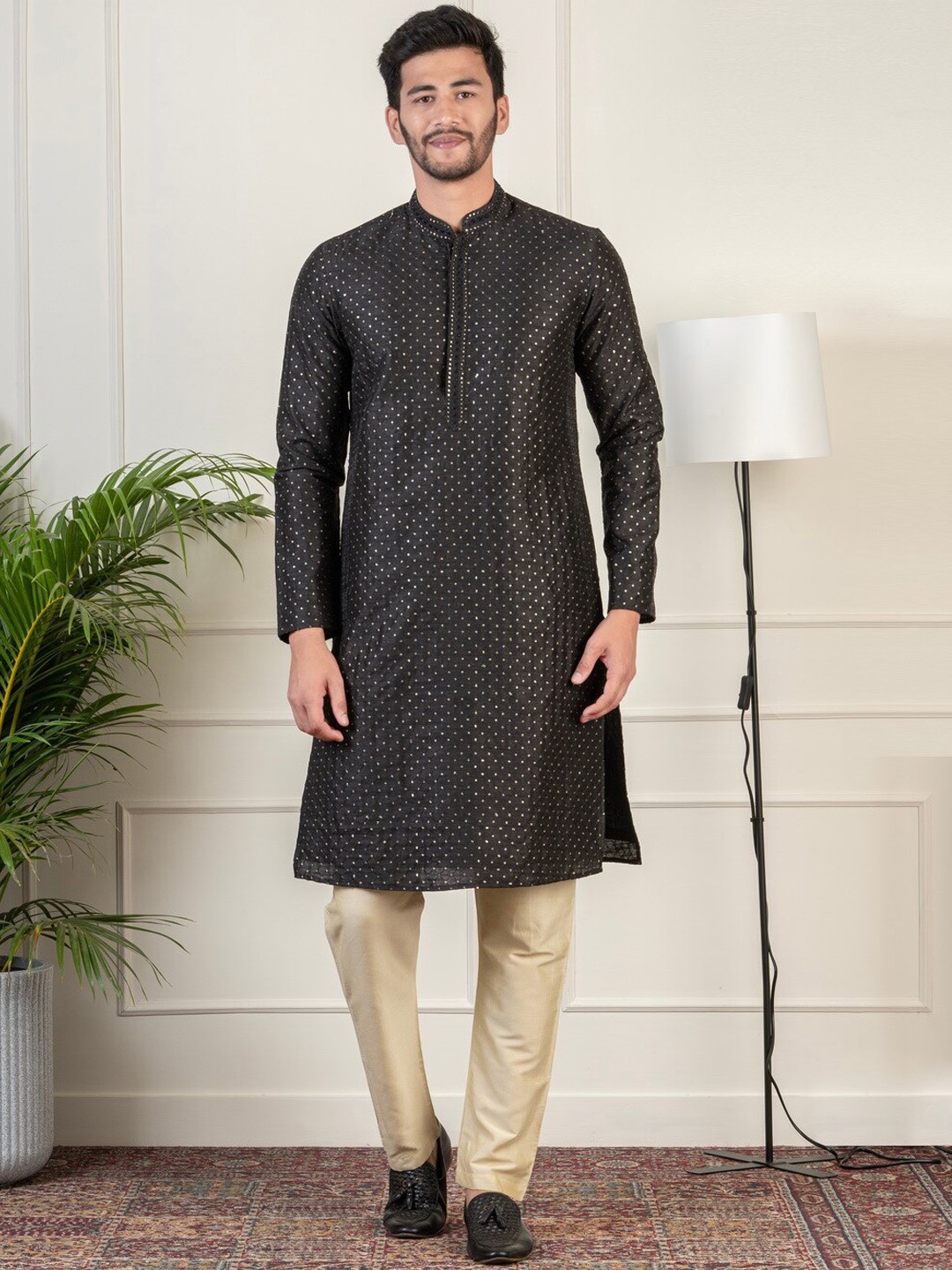 

TheEthnic.Co Ethnic Embroidered Sequined Regular Dupion Silk Kurta with Trousers, Black
