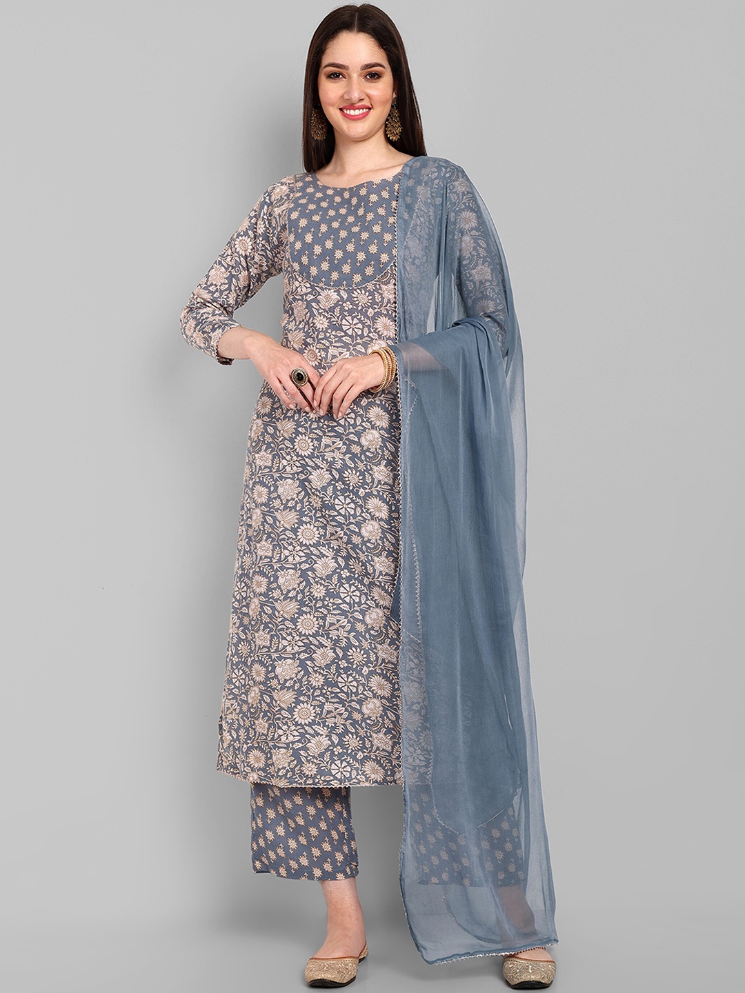 

KALINI Floral Printed Regular Pure Cotton Kurta with Palazzos & With Dupatta, Grey