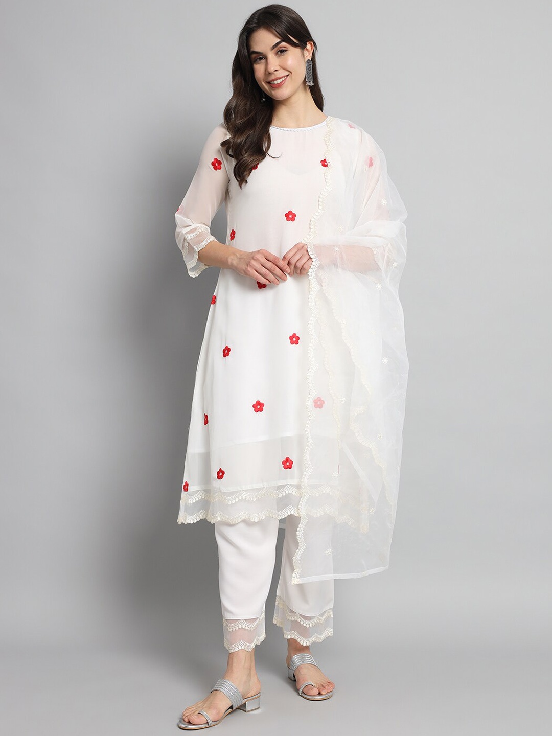 

KALINI Floral Embroidered Regular Thread Work Kurta with Trousers & With Dupatta, Off white