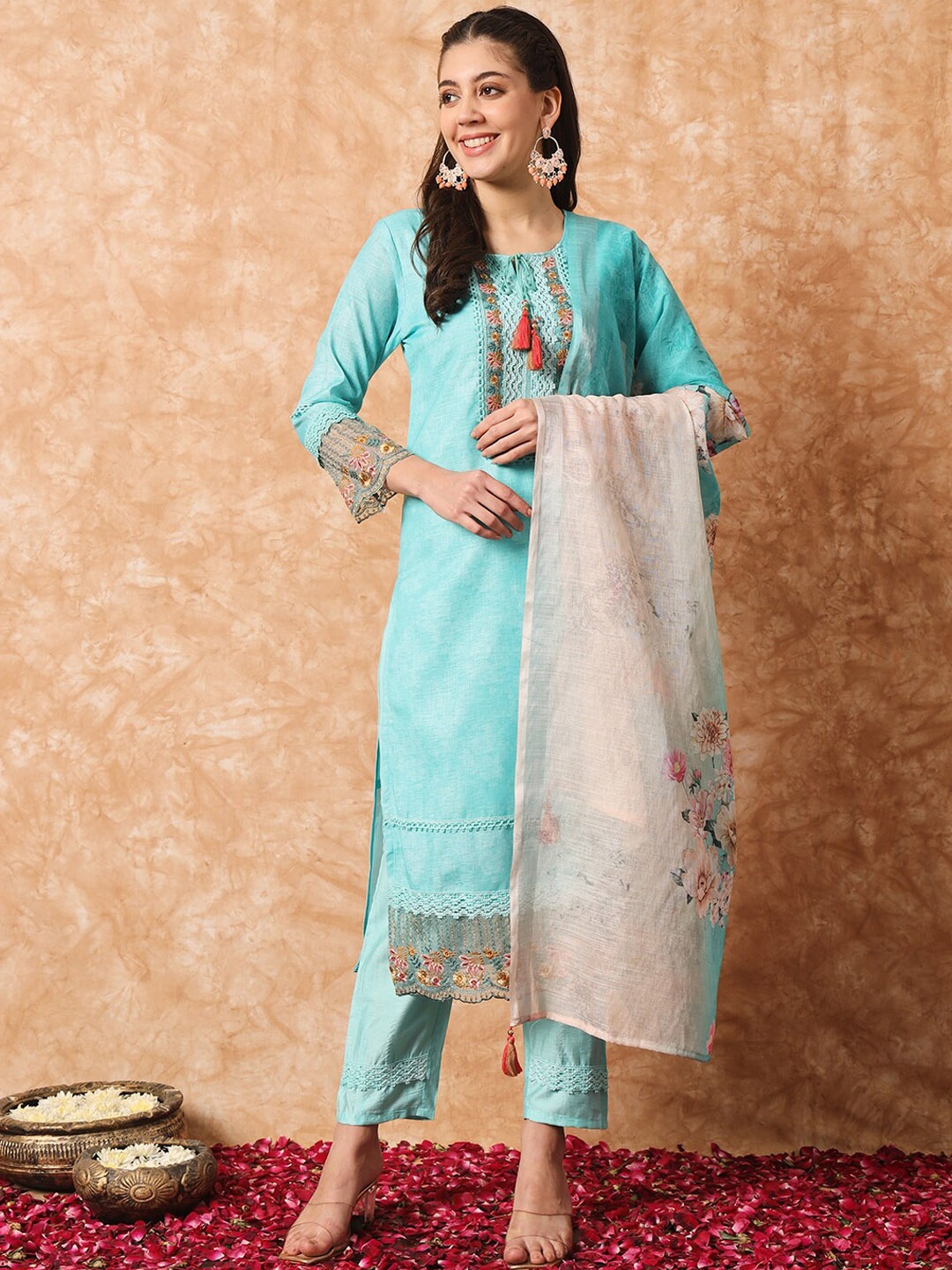 

KALINI Ethnic Motifs Embroidered Regular Kurti with Trousers & With Dupatta, Blue