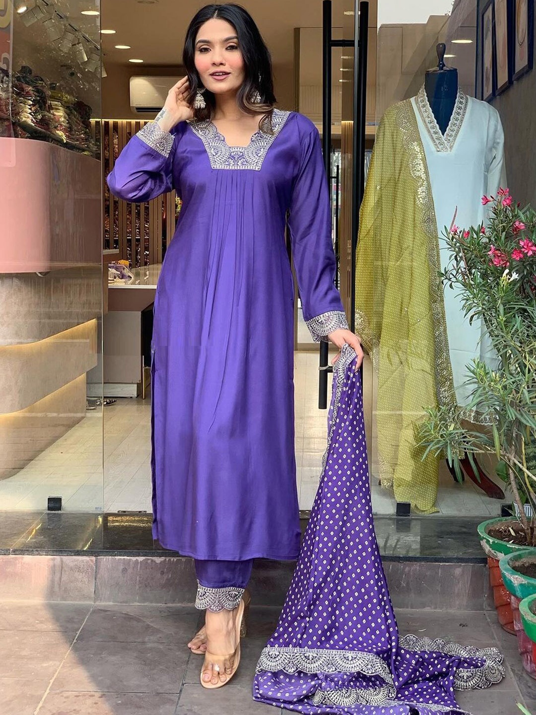 

KALINI Embroidered Regular Kurti with Trousers & With Dupatta, Purple