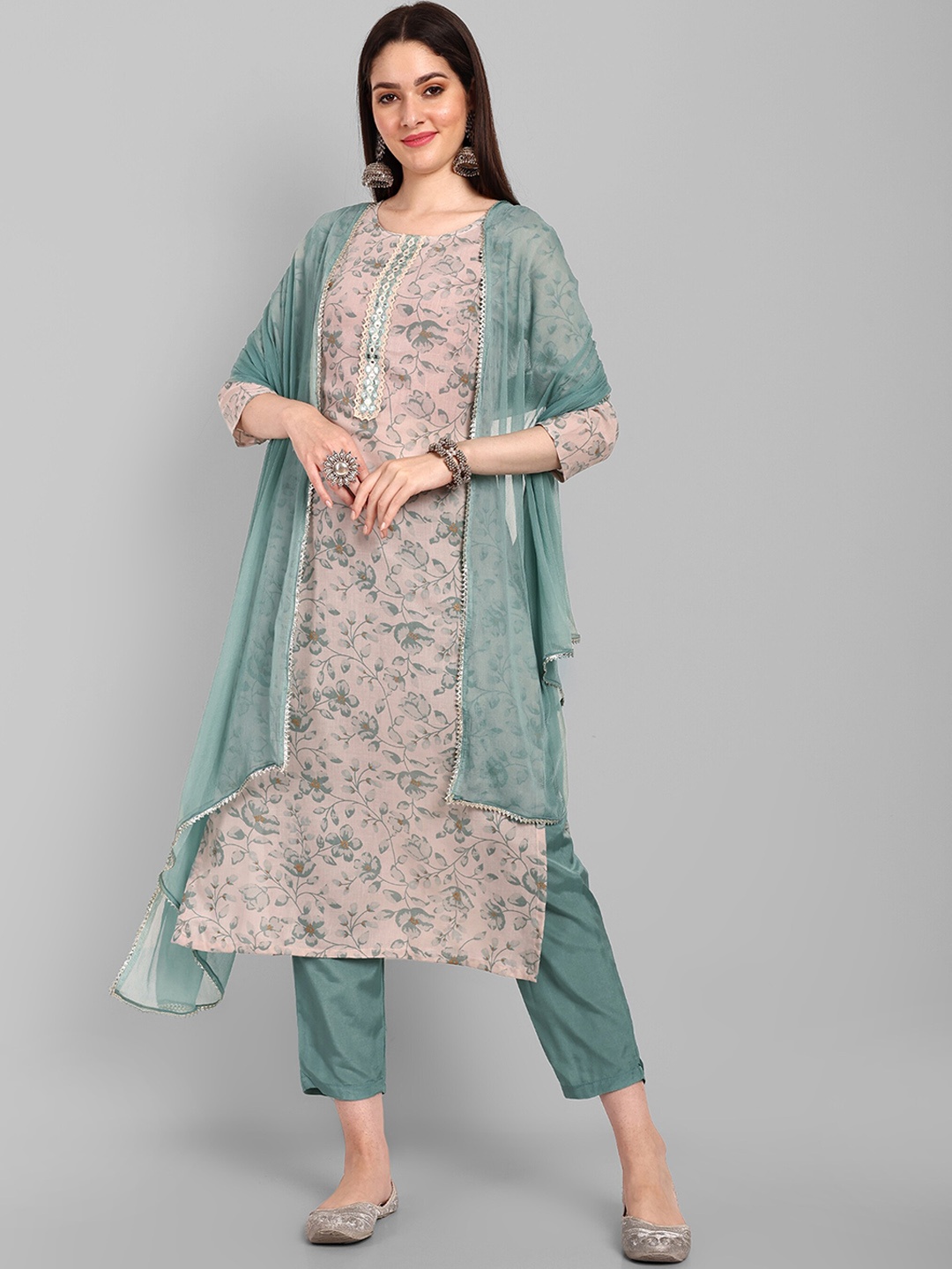 

KALINI Floral Printed Regular Pure Cotton Kurta with Trousers & Dupatta, Green