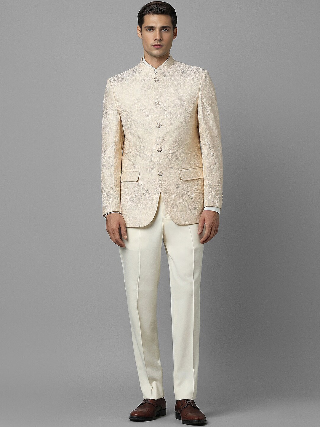 

Louis Philippe Slim-Fit Mandarin Collar Neck Bandhagala Two-Piece Suit, Cream