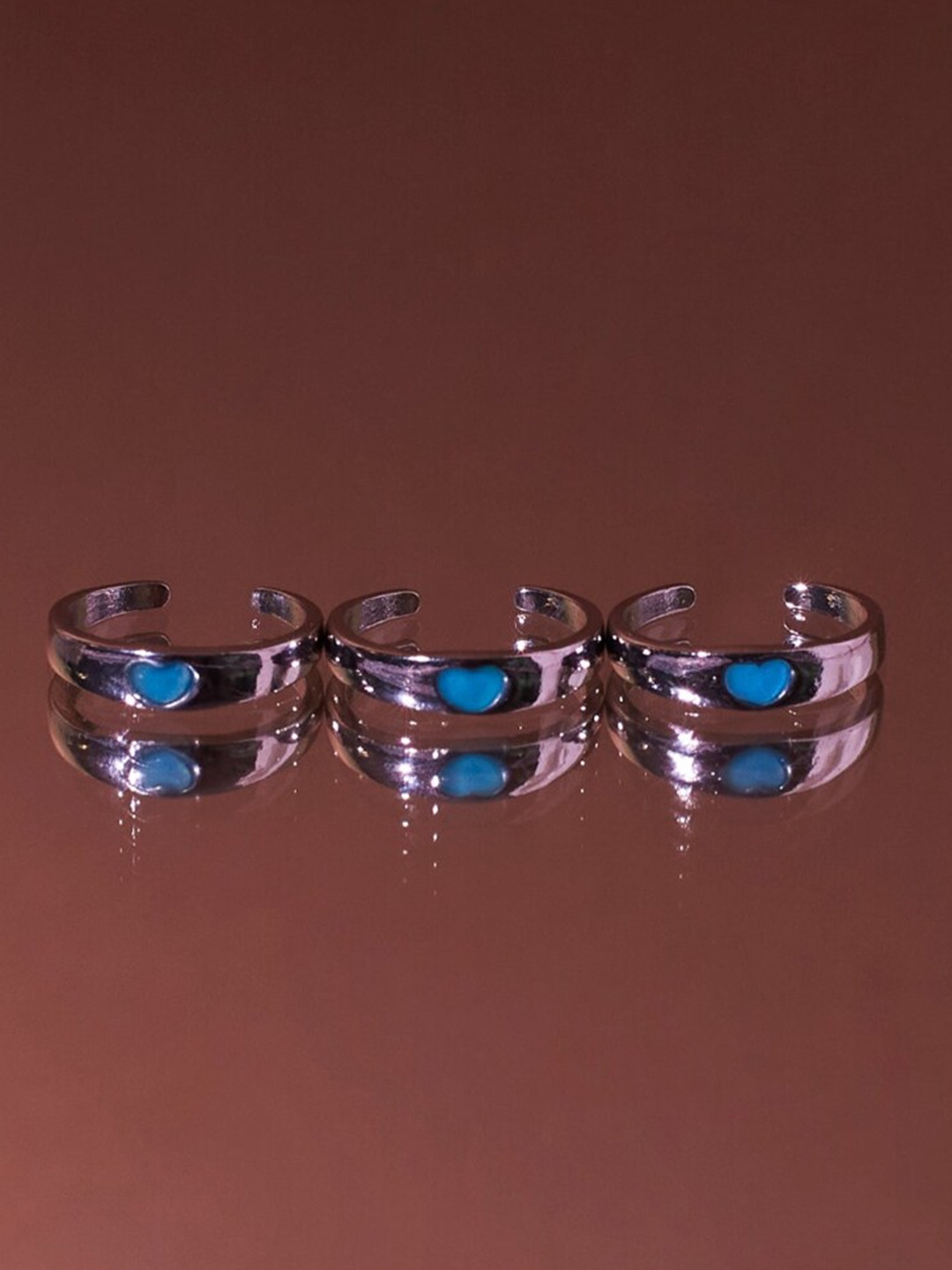 

SALTY Set Of 3 Heart Shaped Adjustable Finger Rings, Silver
