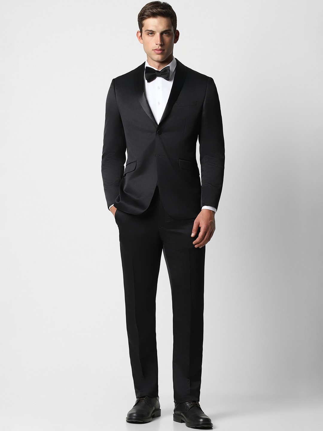 

V Dot Slim Fit Shawl Collar Single Breasted Two Piece Formal Suit, Black