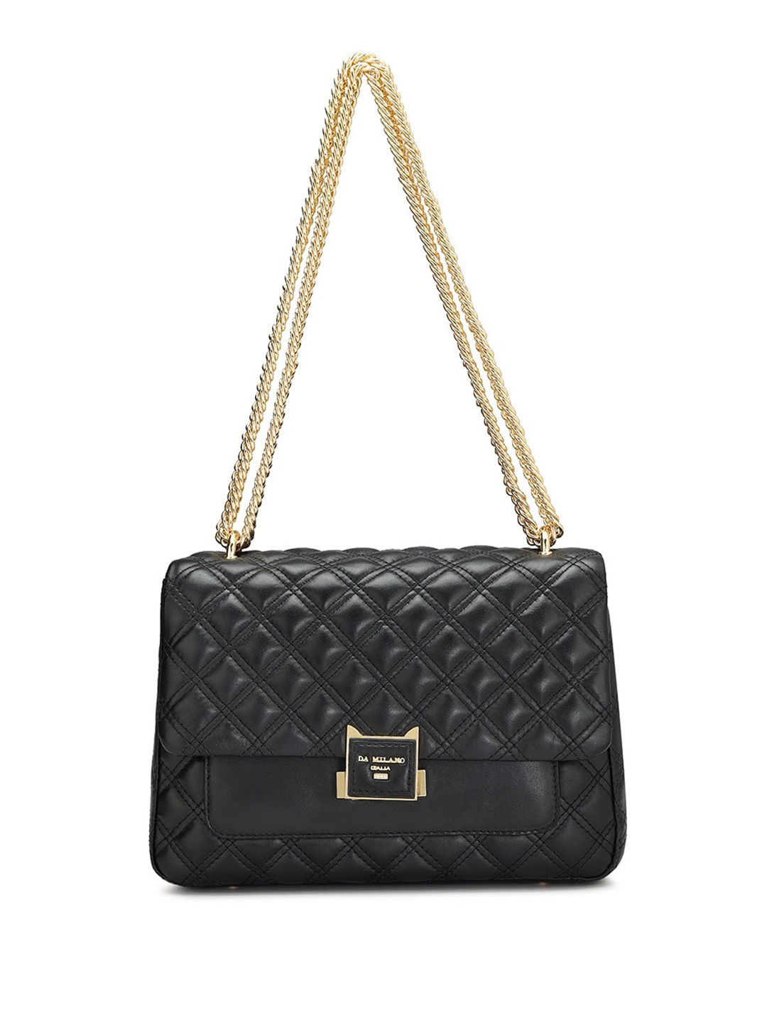 

Da Milano Textured Leather Structured Sling Bag with Quilted, Black