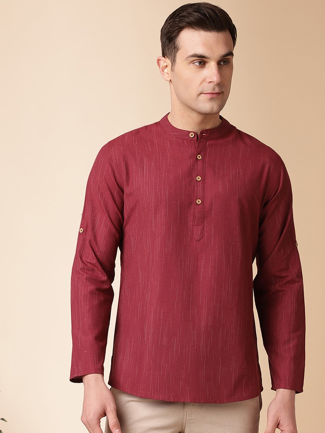 

Anouk Maroon Mandarin Collar Long Sleeves Cotton Straight Kurta