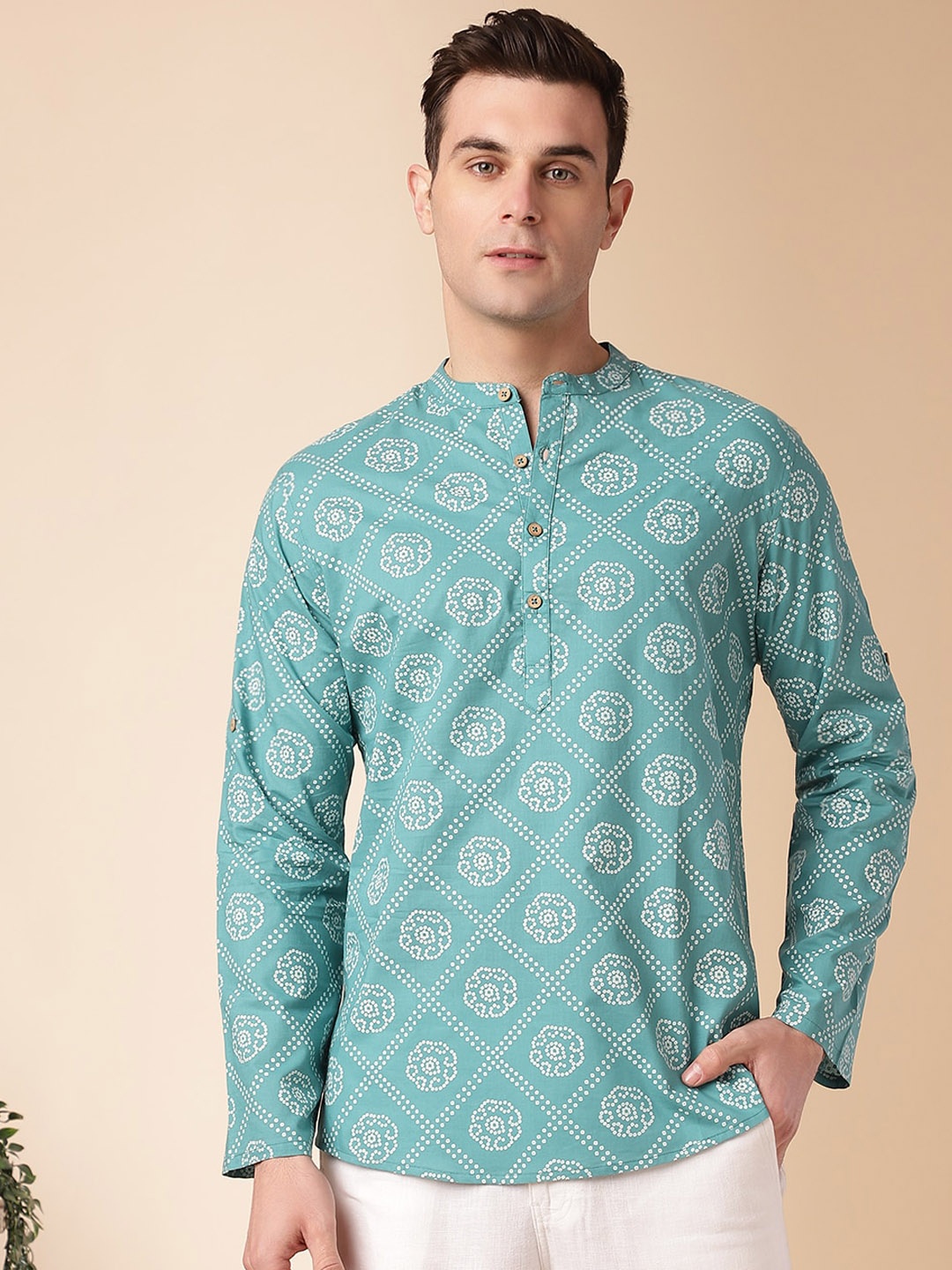 

Anouk Green Bandhani Printed Mandarin Collar Long Sleeves Cotton Straight Kurta