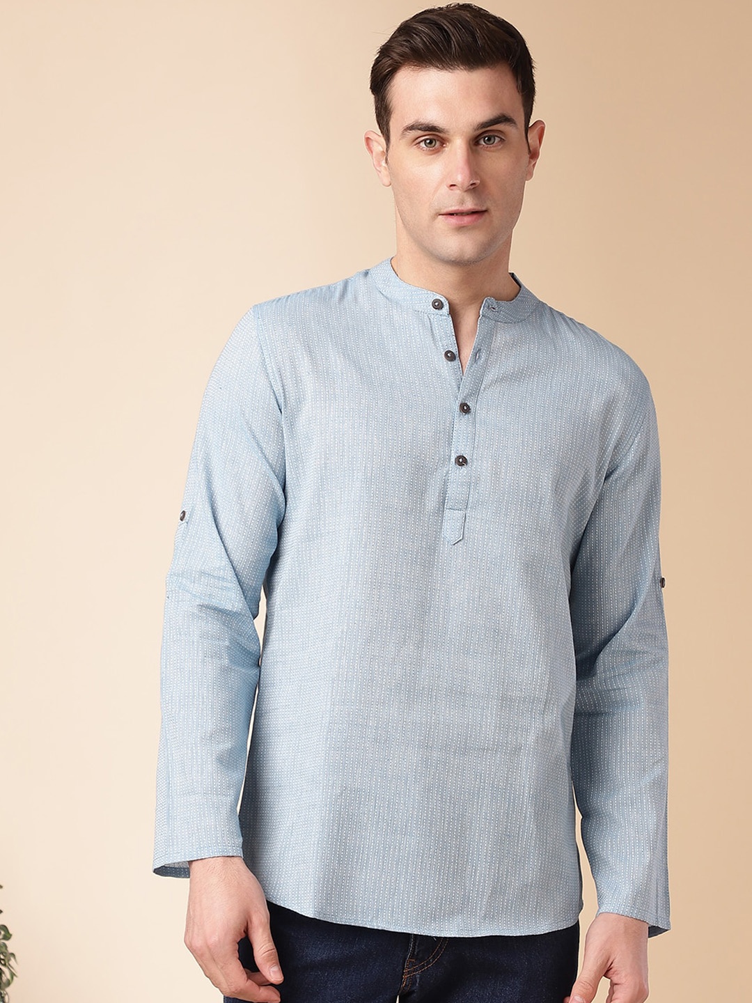 

Anouk Blue Striped Mandarin Collar Long Sleeves Cotton Straight Kurta