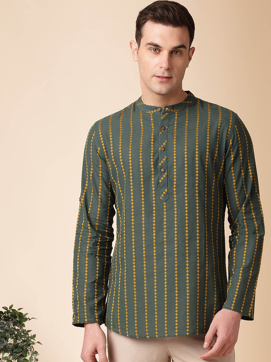 

Anouk Green Striped Mandarin Collar Long Sleeves Cotton Straight Kurta