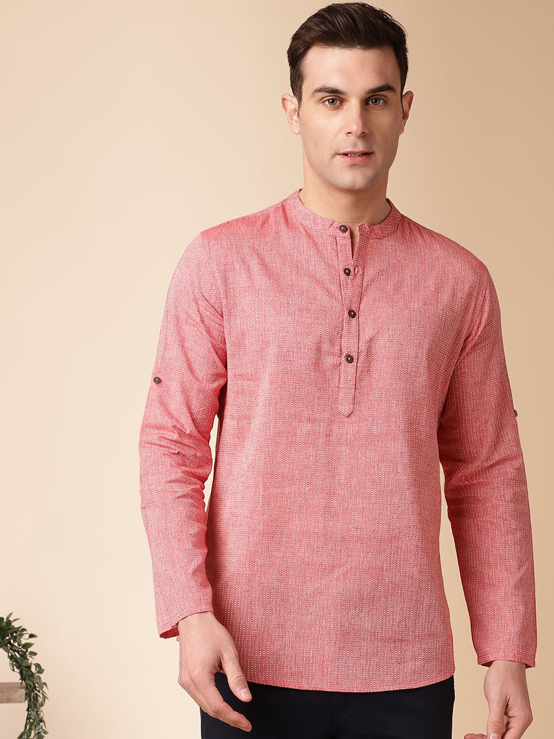 

Anouk Red Striped Mandarin Collar Long Sleeves Cotton Straight Kurta