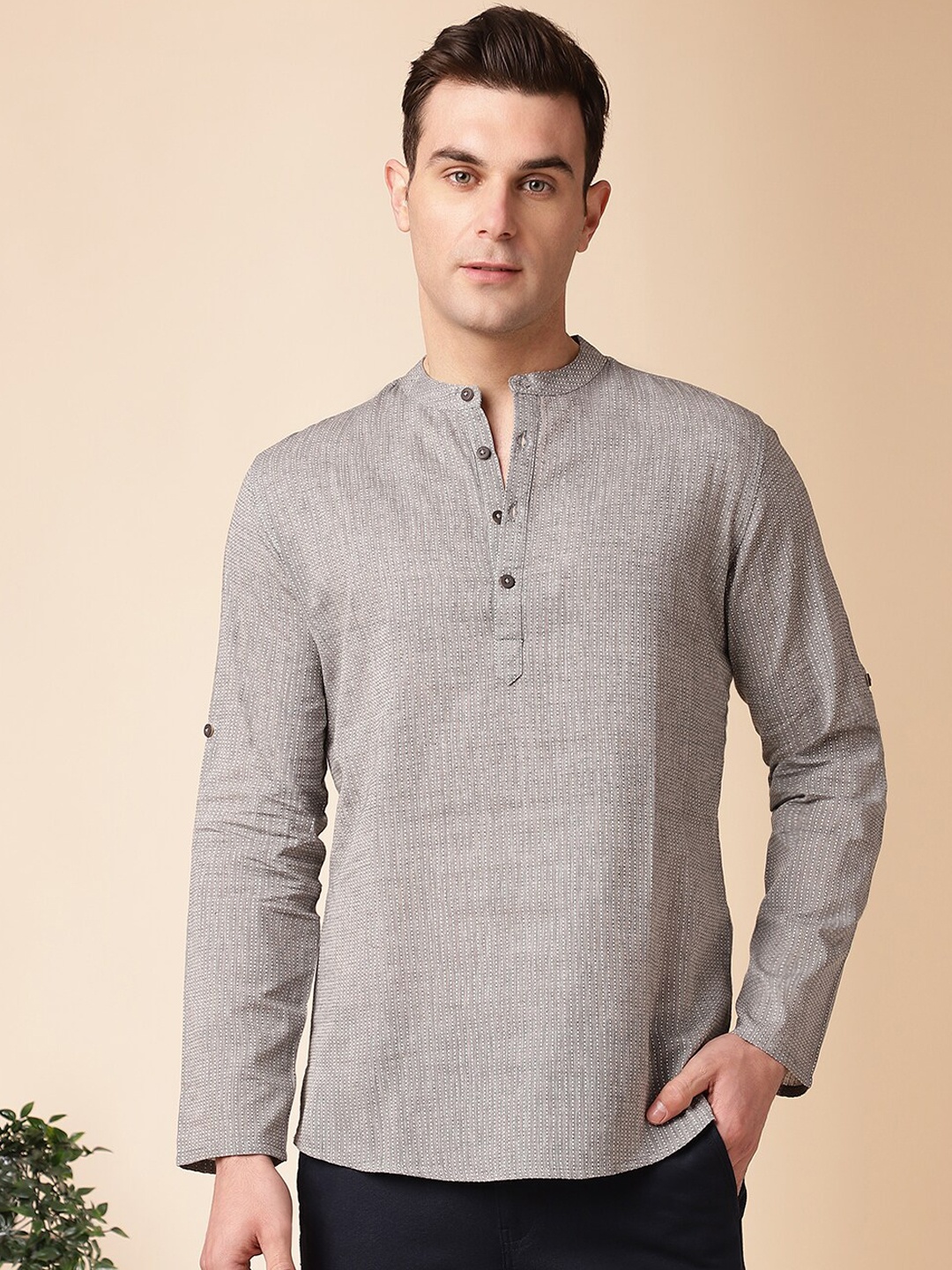 

Anouk Grey Striped Mandarin Collar Long Sleeves Cotton Straight Kurta