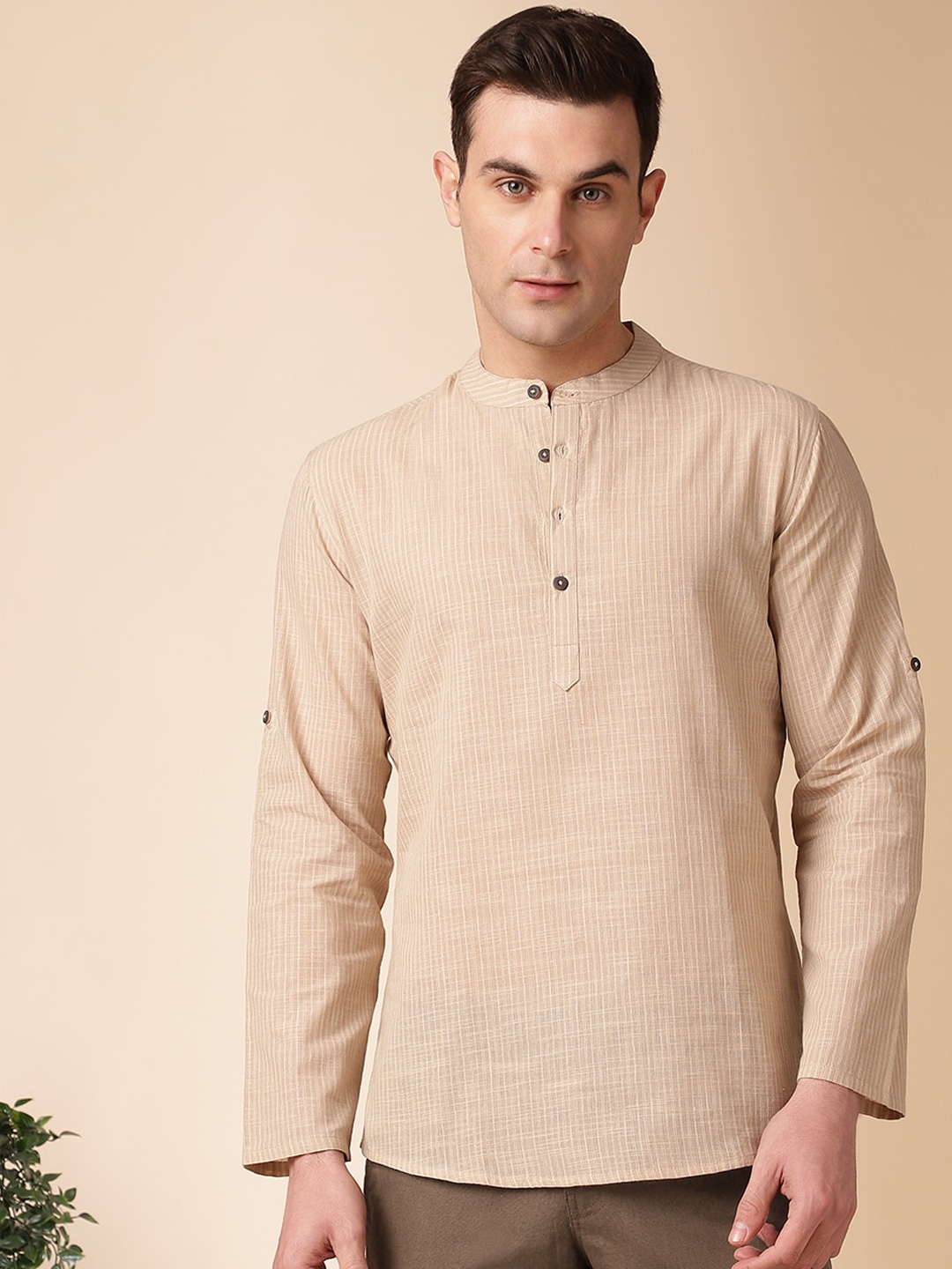 

Anouk Beige Striped Mandarin Collar Long Sleeves Cotton Straight Kurta