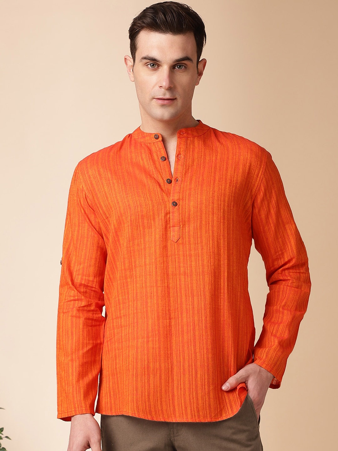 

Anouk Orange Striped Mandarin Collar Long Sleeves Cotton Straight Kurta