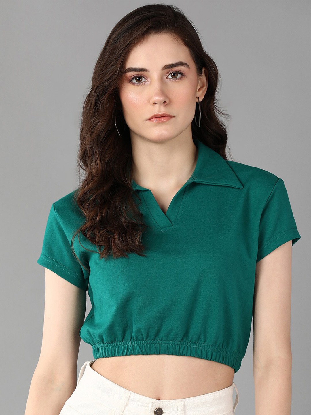 

Roadster Shirt Collar Crop Top, Green