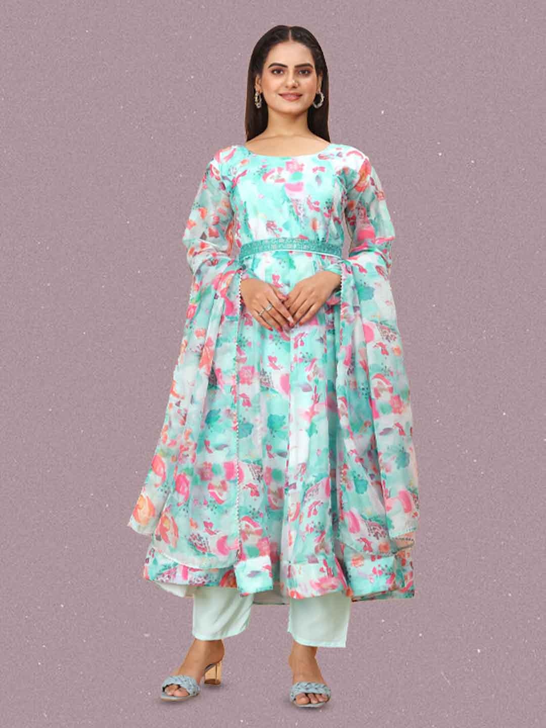 

N N ENTERPRISE Floral Printed Kurta With Trousers & Dupatta, Blue
