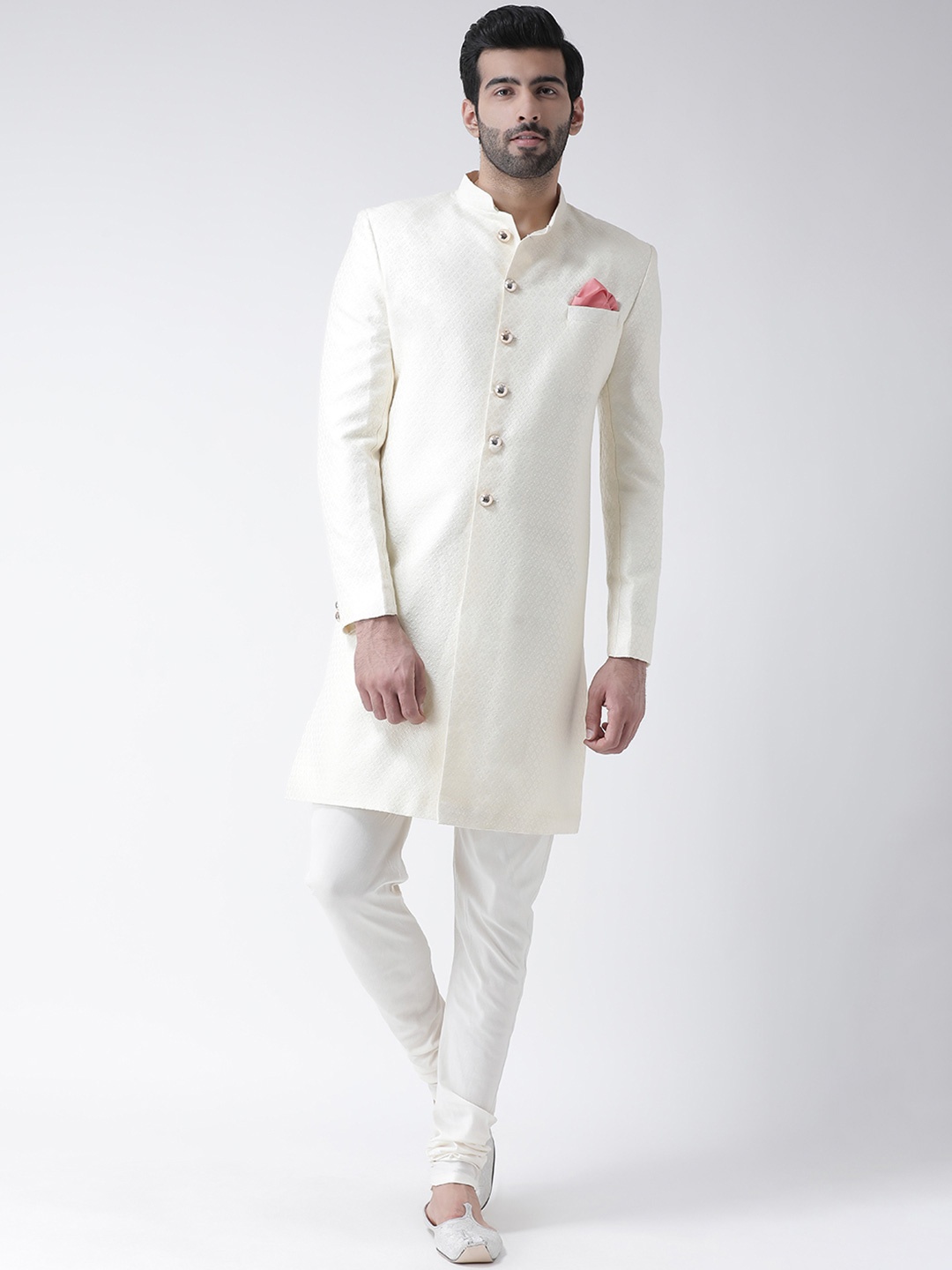 

KISAH Men Ethnic Motifs Woven Design Mandarin Collar Indowestern Sherwani With Churidar, White