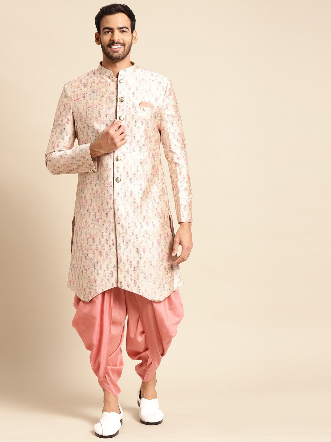 

KISAH Men Ethnic Motifs Woven Design Mandarin Collar Indowestern Sherwani With Dhoti Pant, Cream