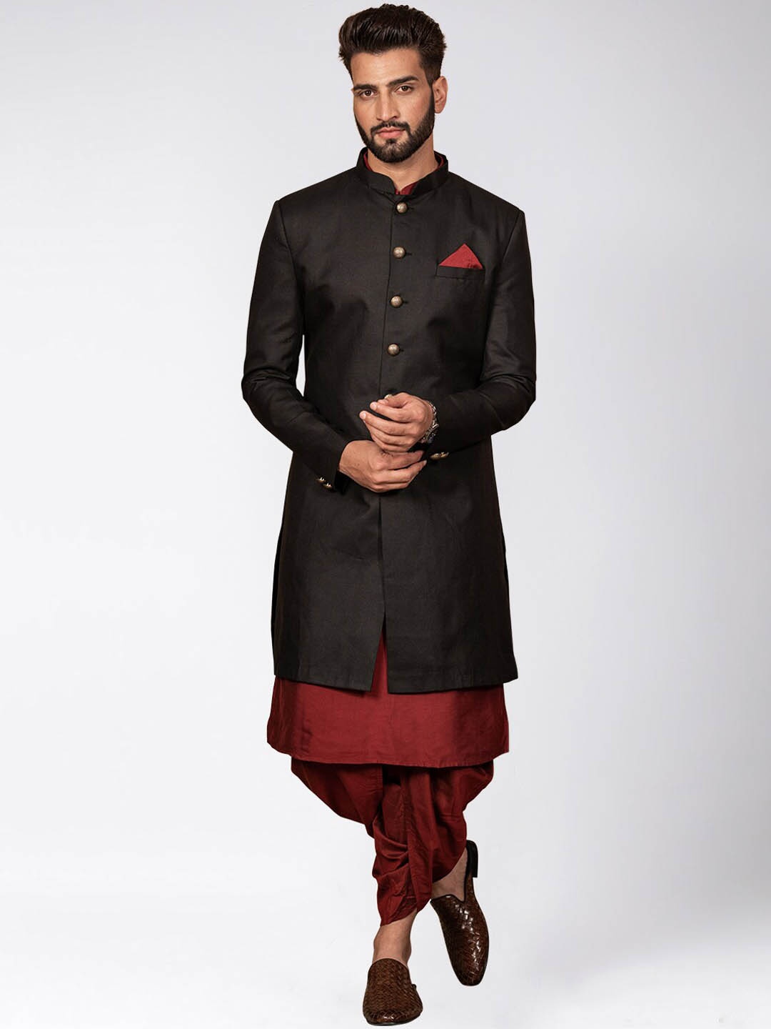 

KISAH Men Mandarin Collar Kurta Indowestern Sherwani Dhoti Pant Set, Black