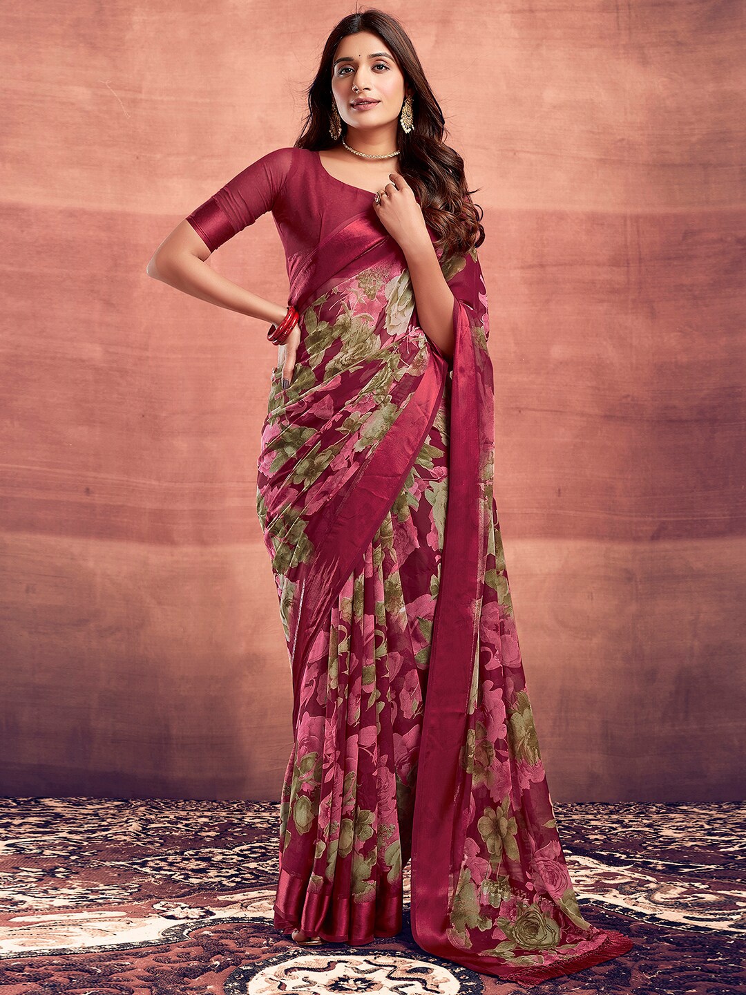 

Satrani Floral Printed Maheshwari Saree, Red