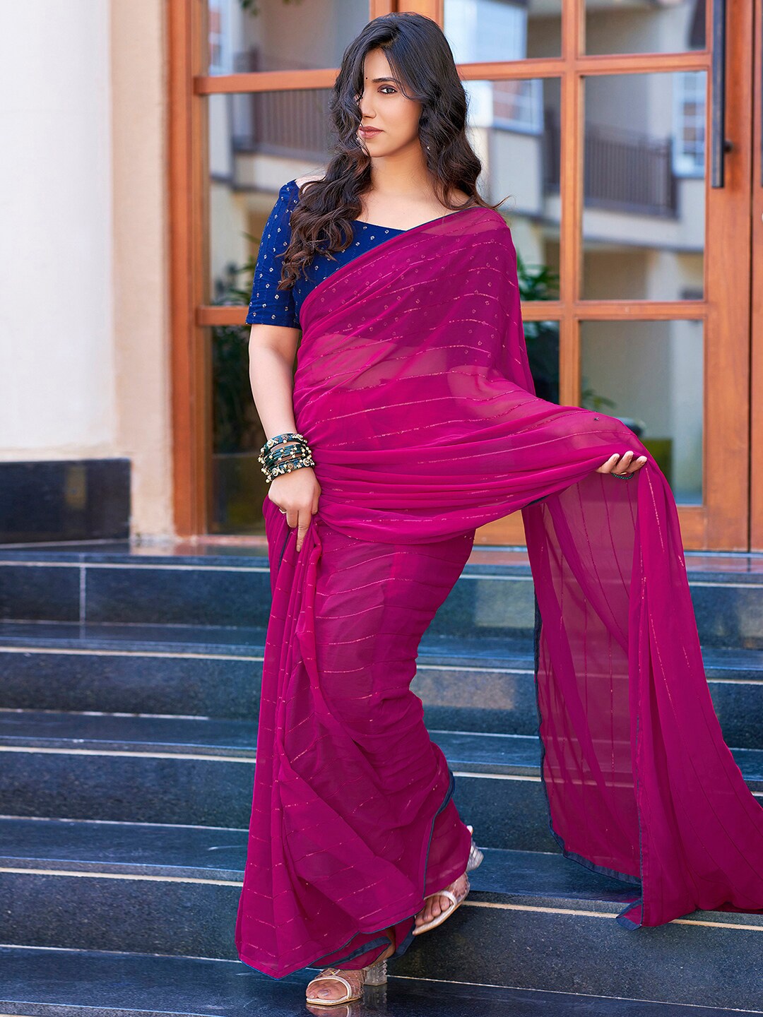 

Satrani Striped Sequinned Saree, Pink
