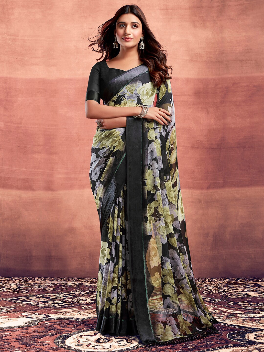 

Satrani Floral Printed Maheshwari Saree, Black