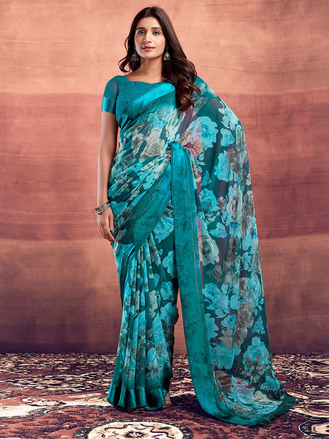 

Satrani Floral Printed Maheshwari Saree, Blue