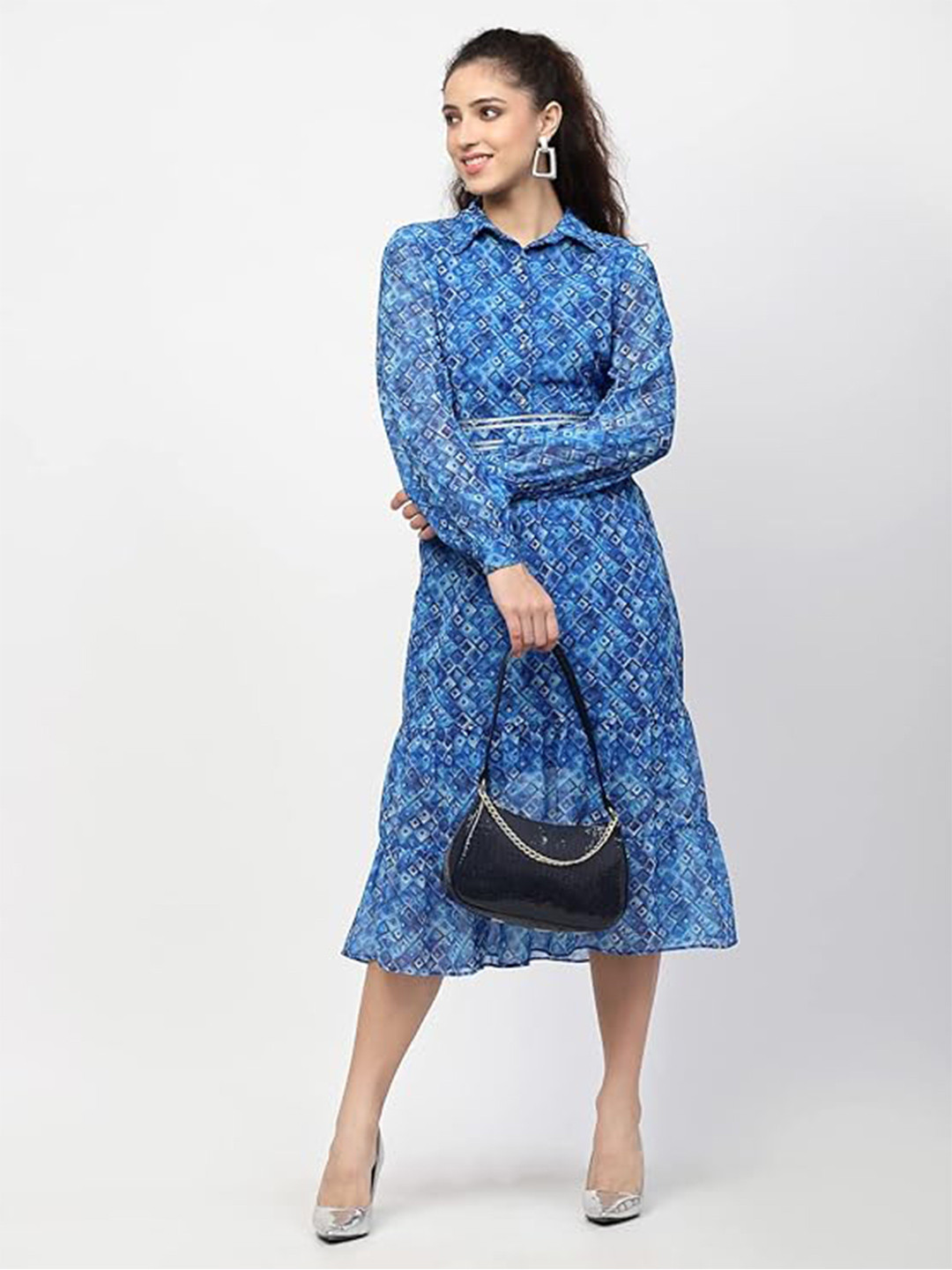 

BELAVINE Geometric Print Shirt Midi Dress, Blue
