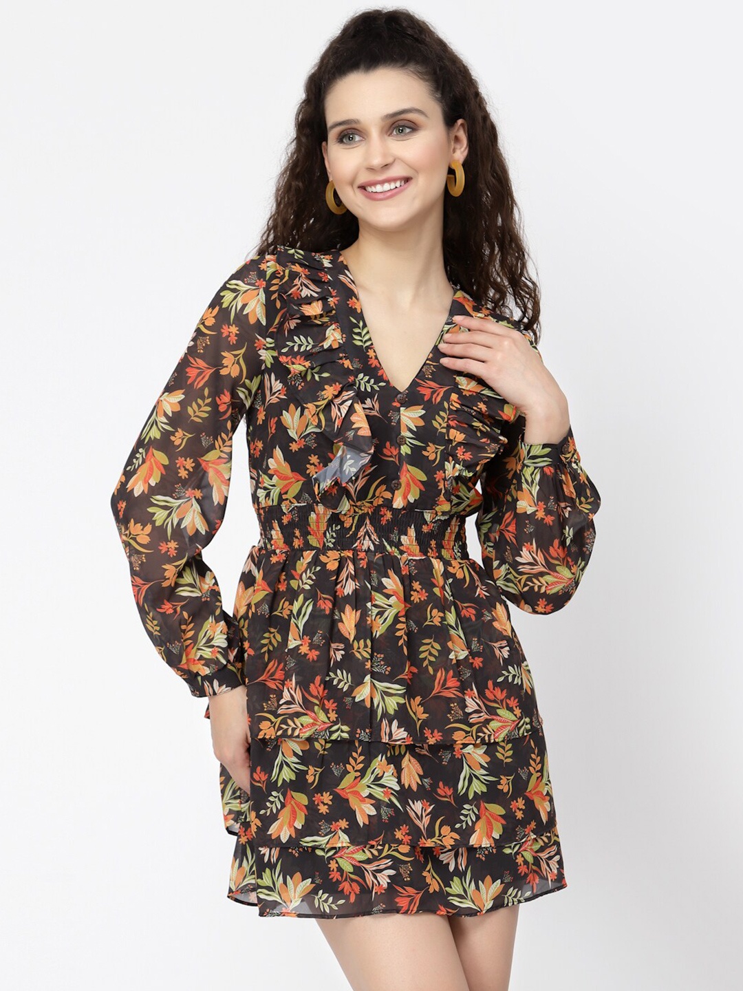 

BELAVINE Floral Printed V-Neck Puff Sleeve Fit & Flare Mini Casual Dress, Brown