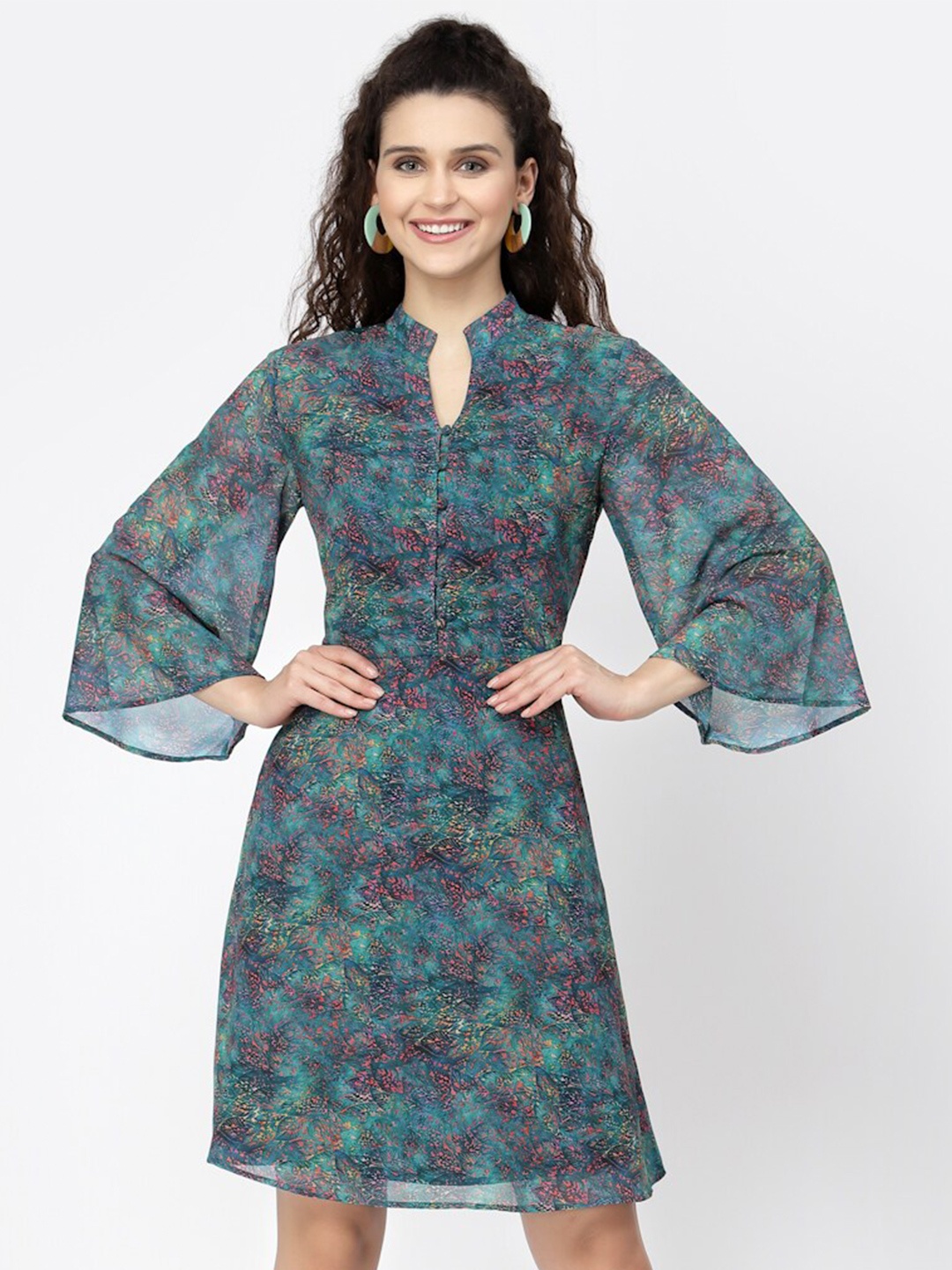 

BELAVINE Floral Print Keyhole Neck Flared Sleeves Fit & Flare Dress, Teal