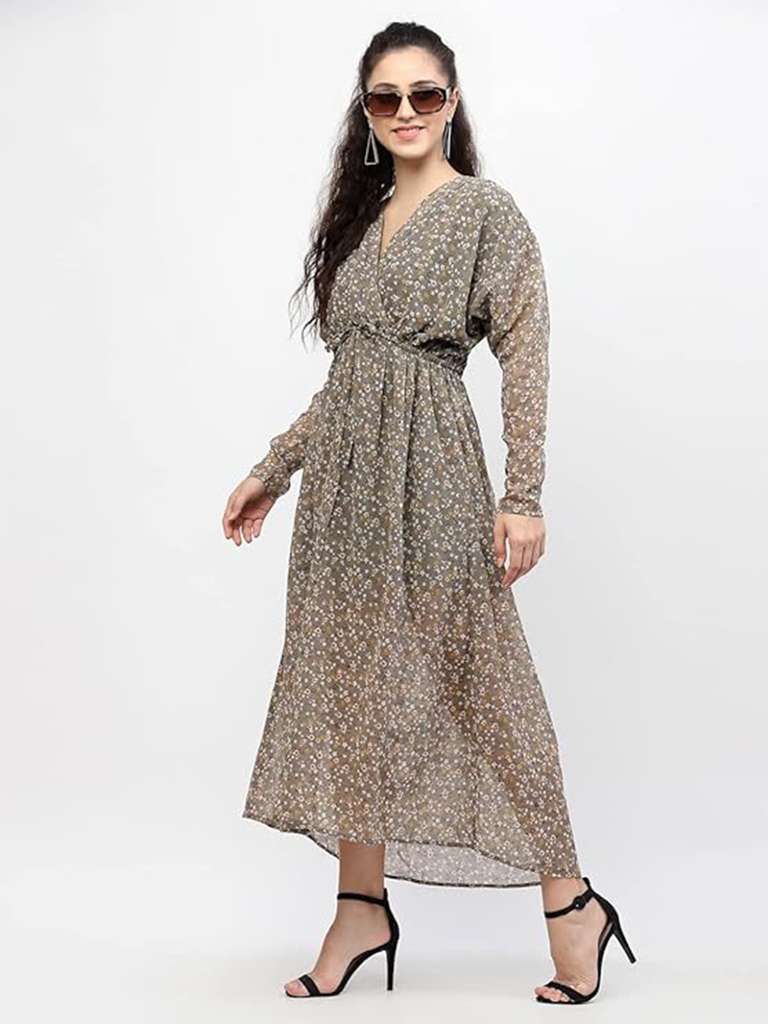 

BELAVINE Floral Print Fit & Flare Twisted Waist Maxi Dress, Grey