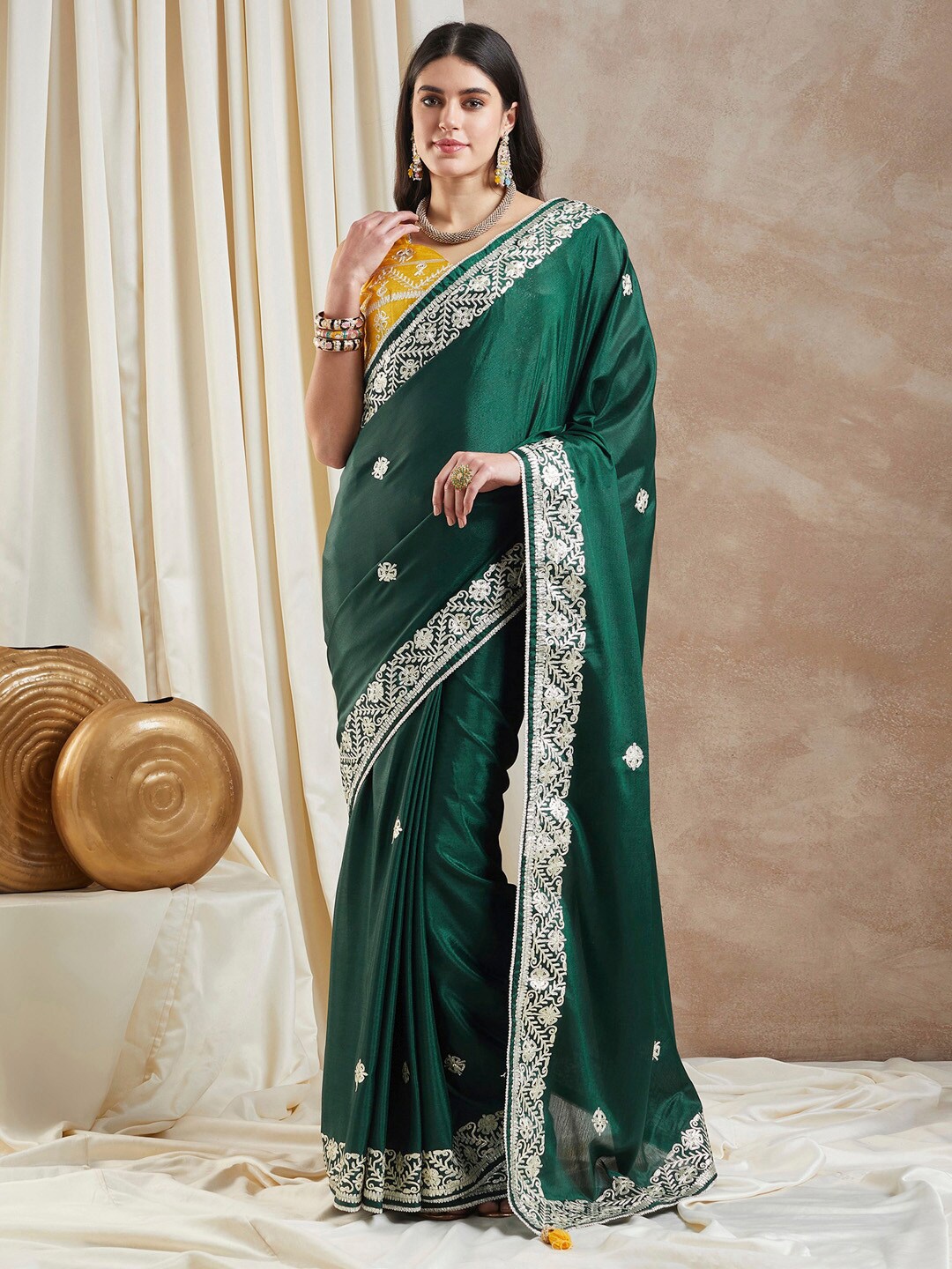 

Saree mall Ethnic Motifs Embellished Gotta Patti Poly Chiffon Sarees, Green