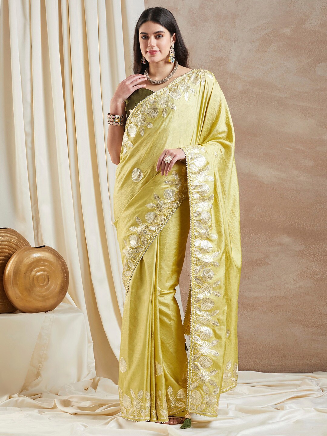 

Saree mall Yellow Floral Embroidered Saree