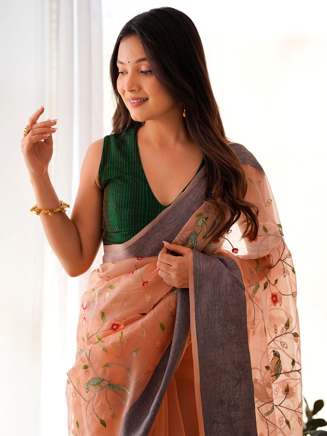 

Saree mall Floral Embroidered Organza Sarees, Peach