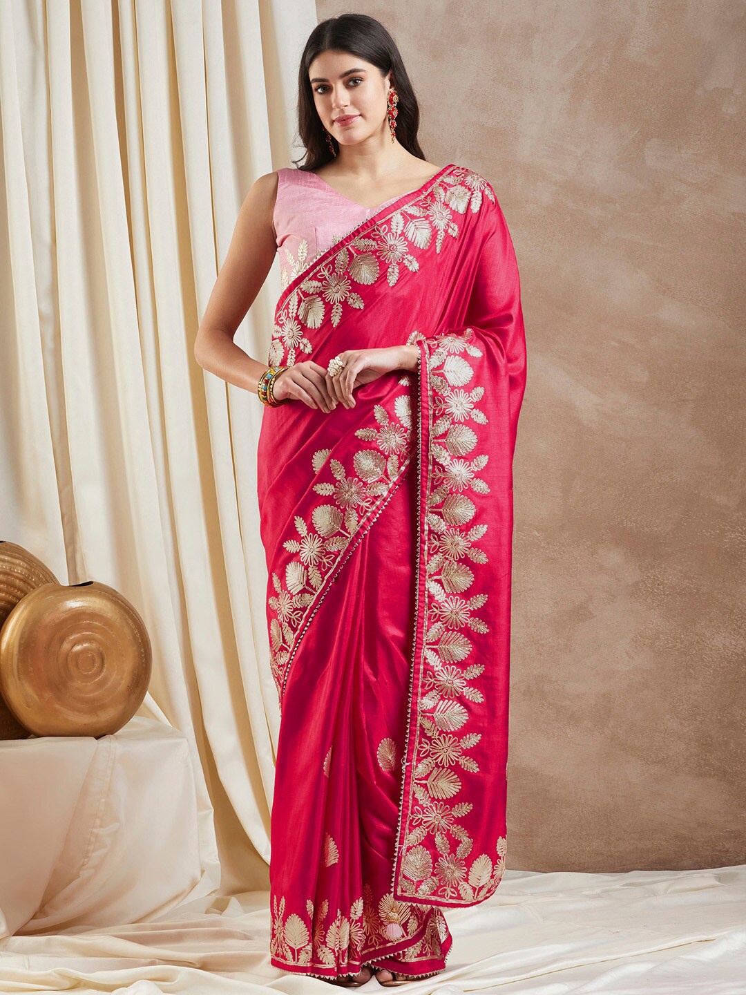

Saree mall Pink Ethnic Motifs Embroidered Gotta Patti Saree