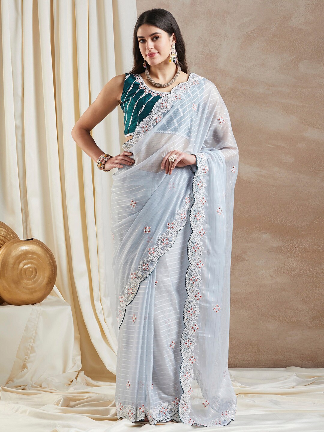 

Saree mall Grey Floral Embroidered Beads and Stones Poly Georgette Saree