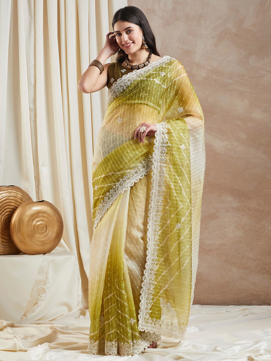 

Saree mall Embellished Party Wear Saree, Olive