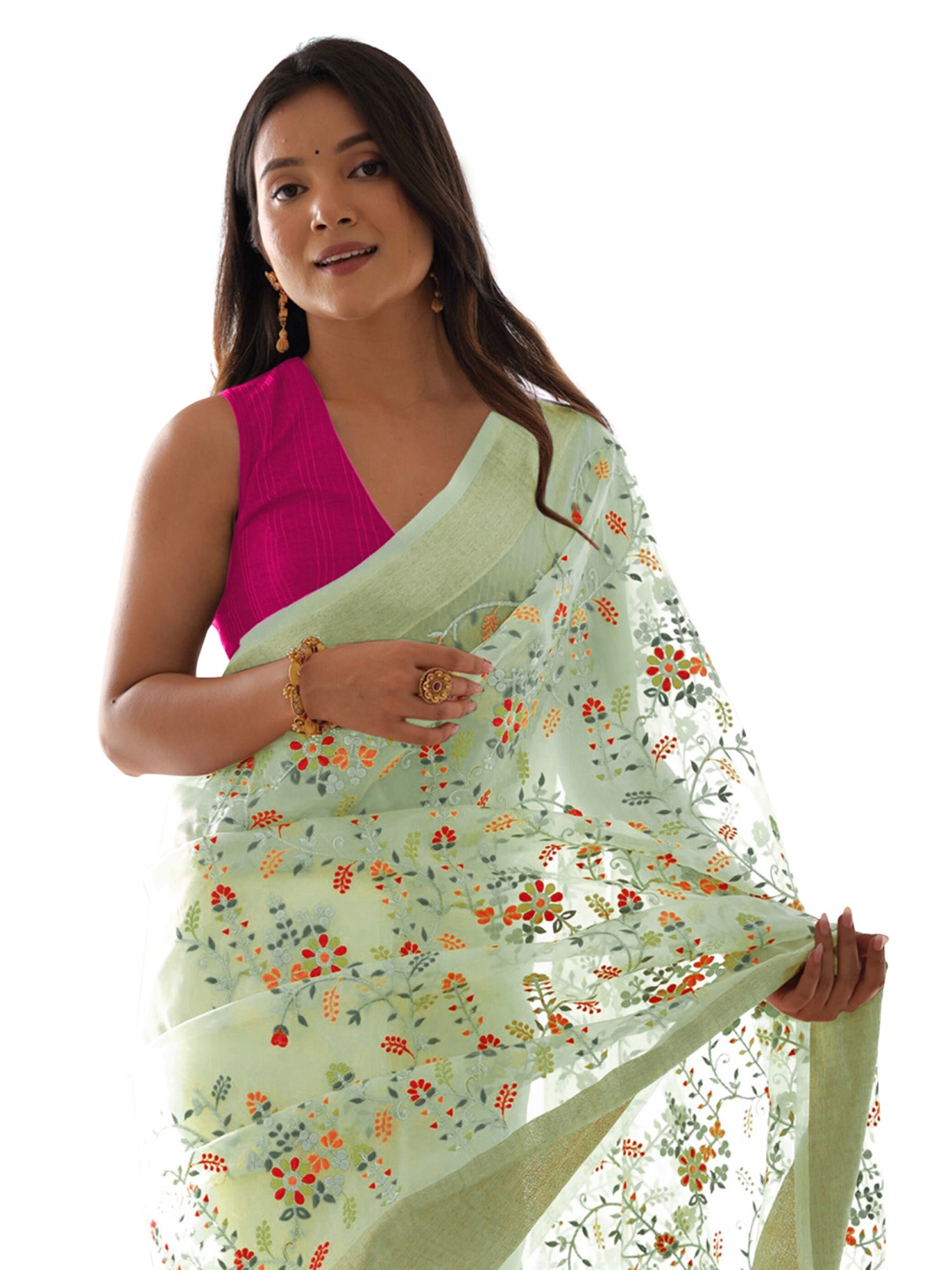 

Saree mall Light Green Floral Embroidered Organza Saree